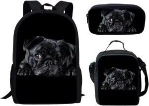 HUGS IDEA Cute 3 Pcs School Bag Set withLunch Box & Pencil Case Kid Black Pug Backpack for Boys Girls Lightweight 17 inch Bookbag Primary Middle School Shoulder Daypacks