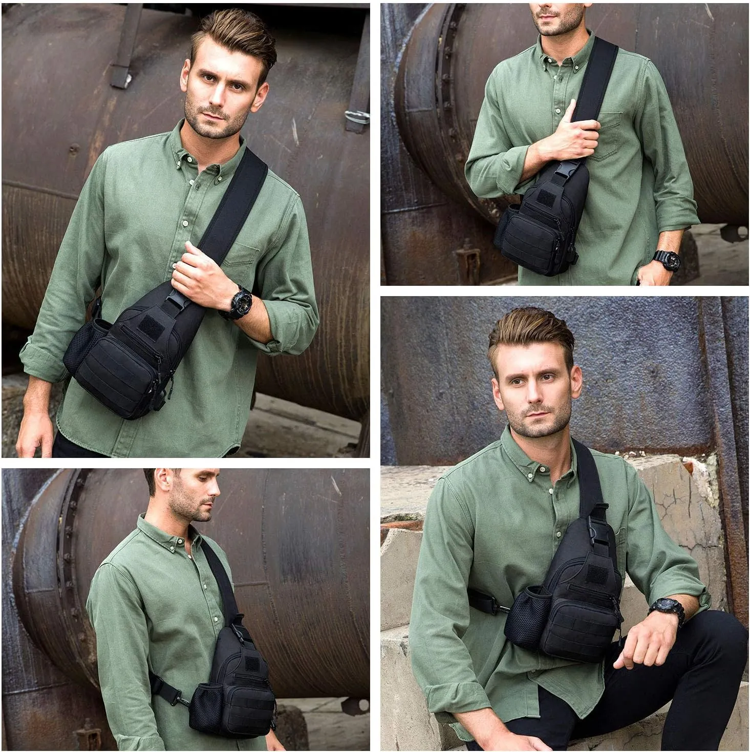 HUNTVP Small Tactical Sling Chest Pack Bag Molle Daypack Backpack Military Crossbody(Type2-Black)