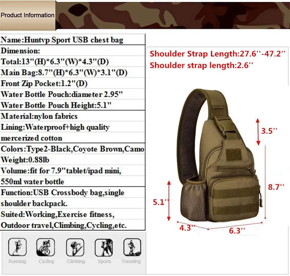 HUNTVP Small Tactical Sling Chest Pack Bag Molle Daypack Backpack Military Crossbody(Type2-Black)