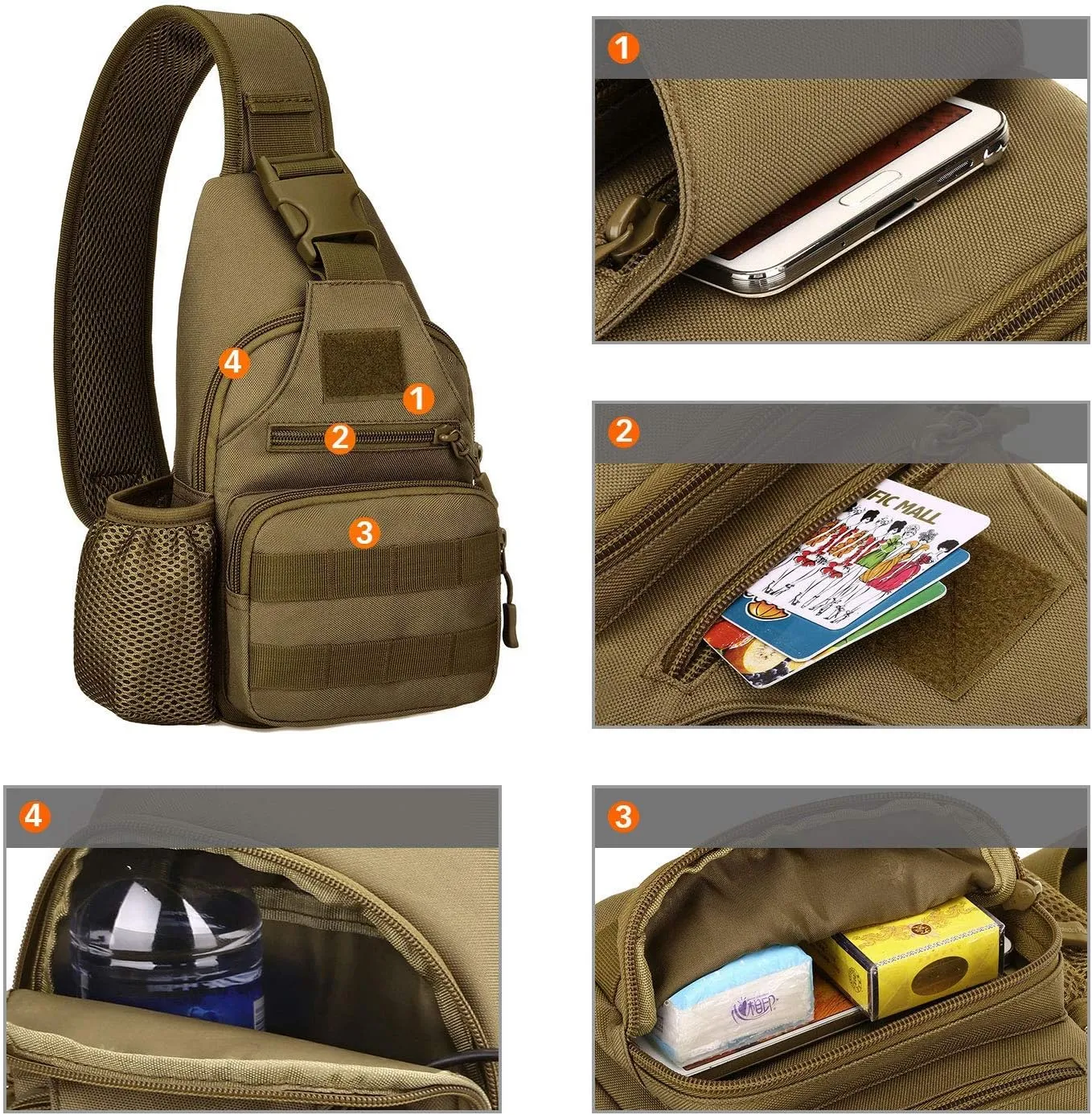HUNTVP Small Tactical Sling Chest Pack Bag Molle Daypack Backpack Military Crossbody(Type2-Black)