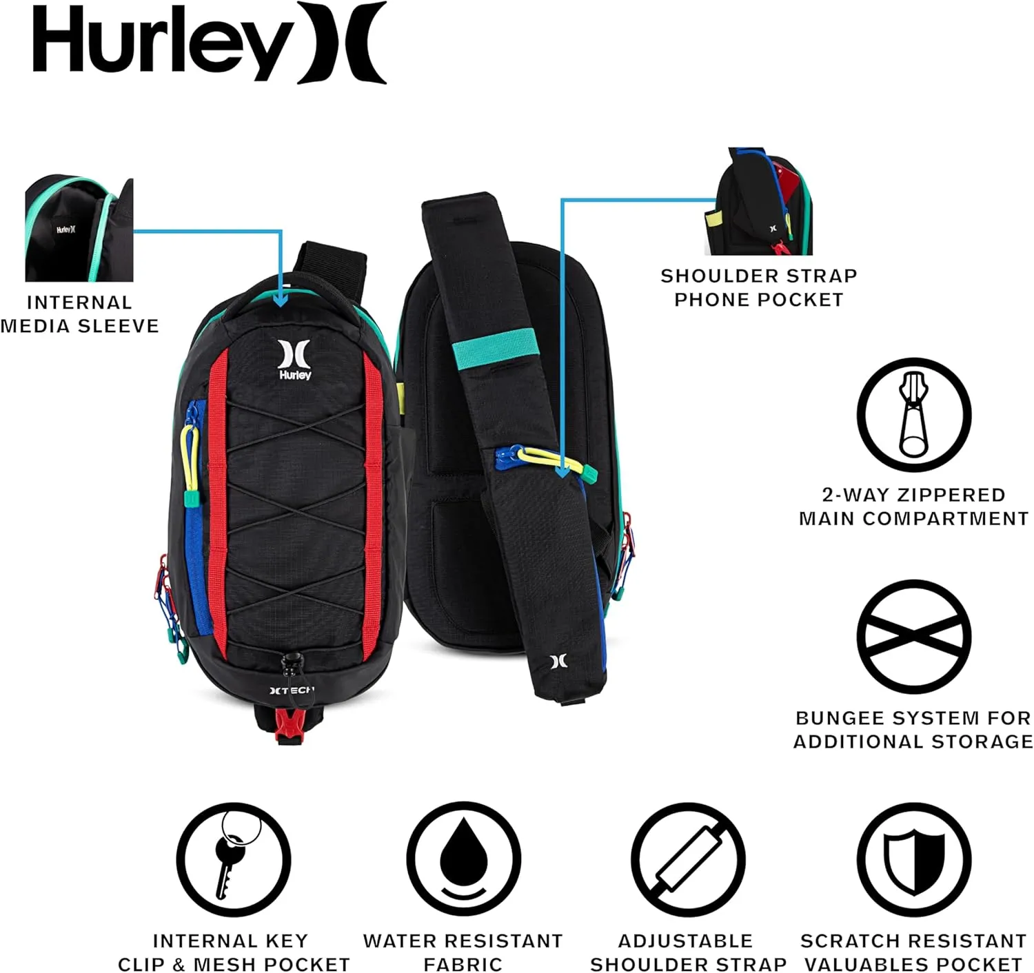 Hurley Men's Crossbody Sling Bag, Black/Primary Multi, One Size
