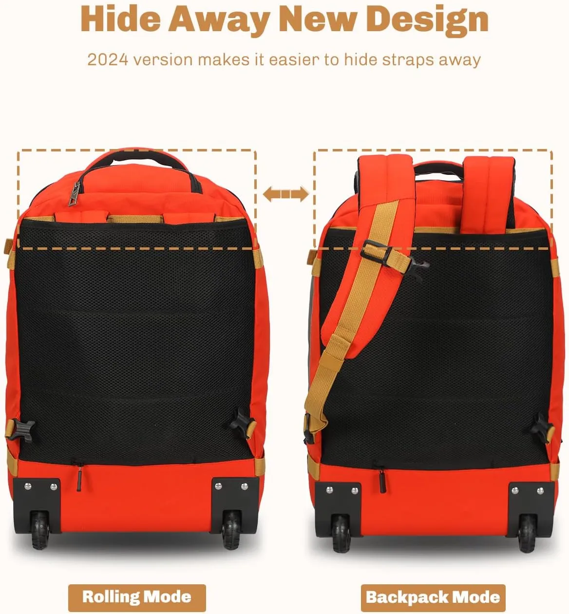 Hynes Eagle Rolling Backpack 42L Backpack with Wheels Airline Approved Carry on Luggage Laptop Travel Suitcase Bag for Women Men Orange