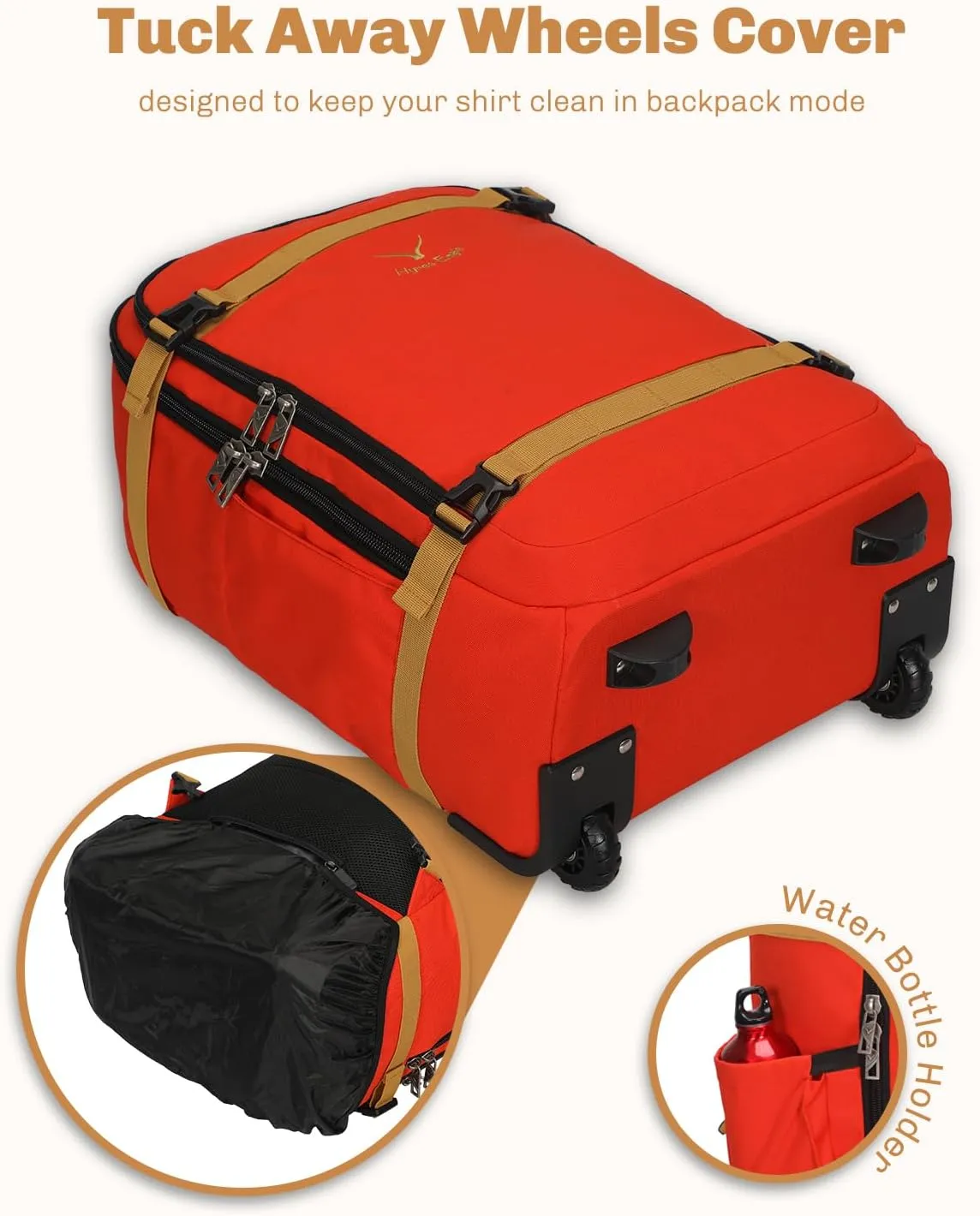 Hynes Eagle Rolling Backpack 42L Backpack with Wheels Airline Approved Carry on Luggage Laptop Travel Suitcase Bag for Women Men Orange