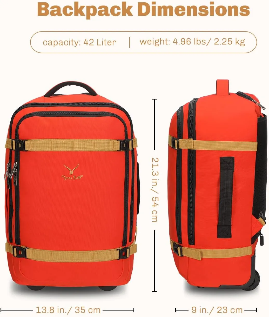 Hynes Eagle Rolling Backpack 42L Backpack with Wheels Airline Approved Carry on Luggage Laptop Travel Suitcase Bag for Women Men Orange
