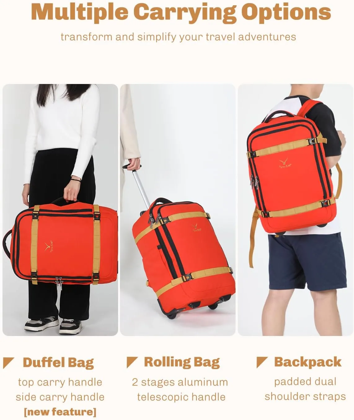 Hynes Eagle Rolling Backpack 42L Backpack with Wheels Airline Approved Carry on Luggage Laptop Travel Suitcase Bag for Women Men Orange