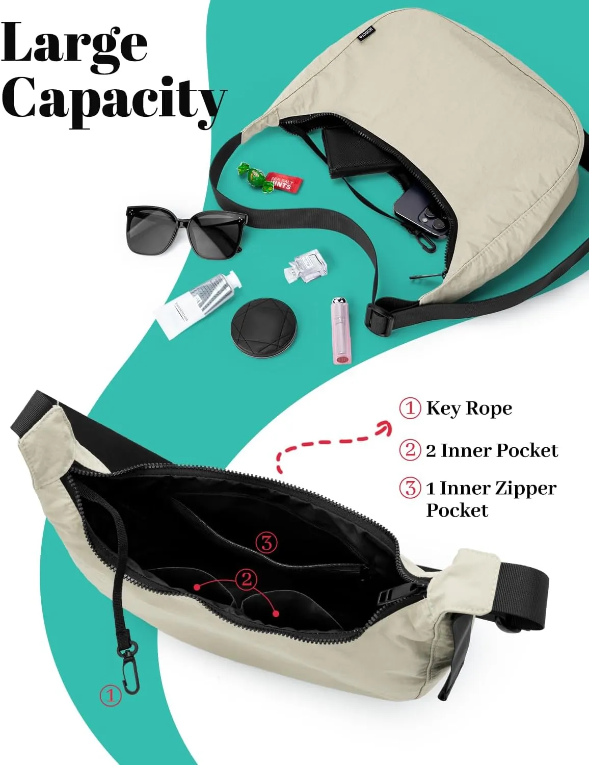 Iioscre Medium Crossbody Crescent Bag for Women Men Trendy, Nylon Crossbody Hobo Bag with Adjustable Strap and Inner Pockets.
