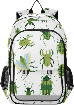 Insects Beetles Green Backpack Kids School Bag Lightweight Laptop Backpack Elementary Capacity Student Bookbags for Travel Daypack with Reflective Stripes