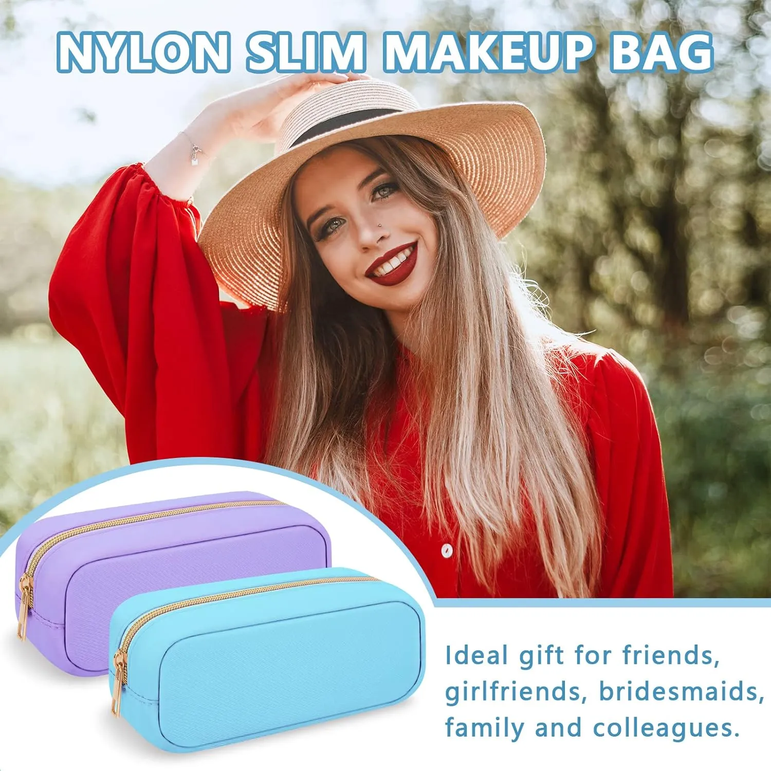 Iqimott Nylon Small Makeup Bag Slim Cosmetic Zipper Pouch, Preppy Brush Compact Make up Pouch Toiletry Bag, Waterproof Purse Travel Coin Storage for Women Girls Teens(Blue),(Slim-NylonMakeupBag-Blue)
