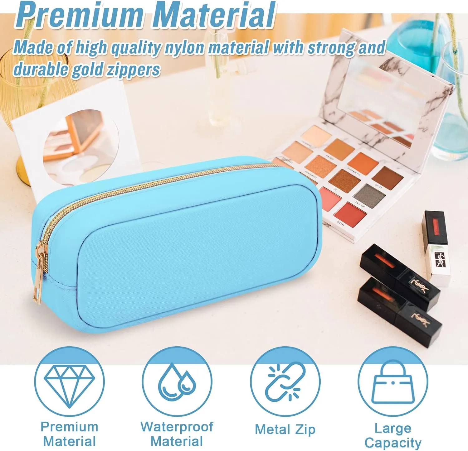 Iqimott Nylon Small Makeup Bag Slim Cosmetic Zipper Pouch, Preppy Brush Compact Make up Pouch Toiletry Bag, Waterproof Purse Travel Coin Storage for Women Girls Teens(Blue),(Slim-NylonMakeupBag-Blue)