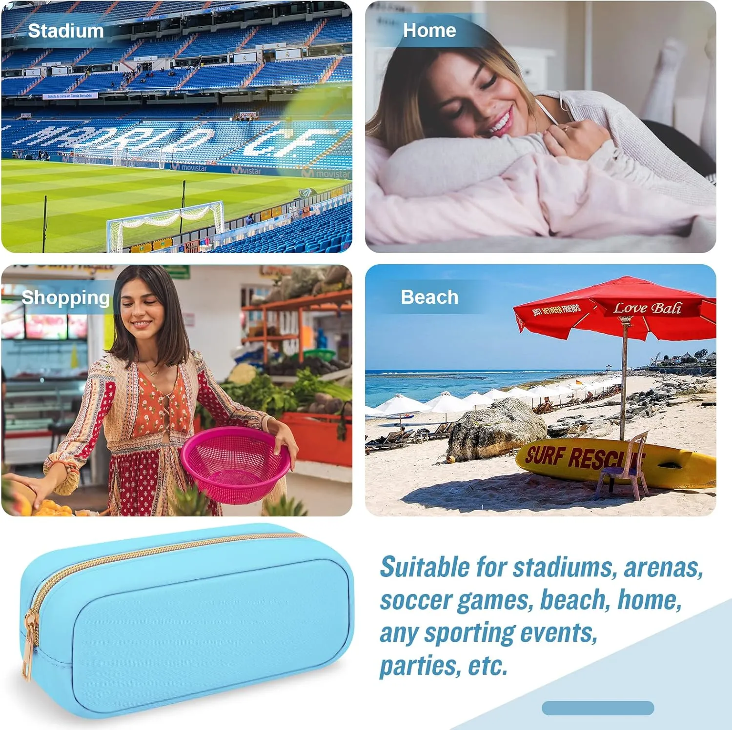 Iqimott Nylon Small Makeup Bag Slim Cosmetic Zipper Pouch, Preppy Brush Compact Make up Pouch Toiletry Bag, Waterproof Purse Travel Coin Storage for Women Girls Teens(Blue),(Slim-NylonMakeupBag-Blue)