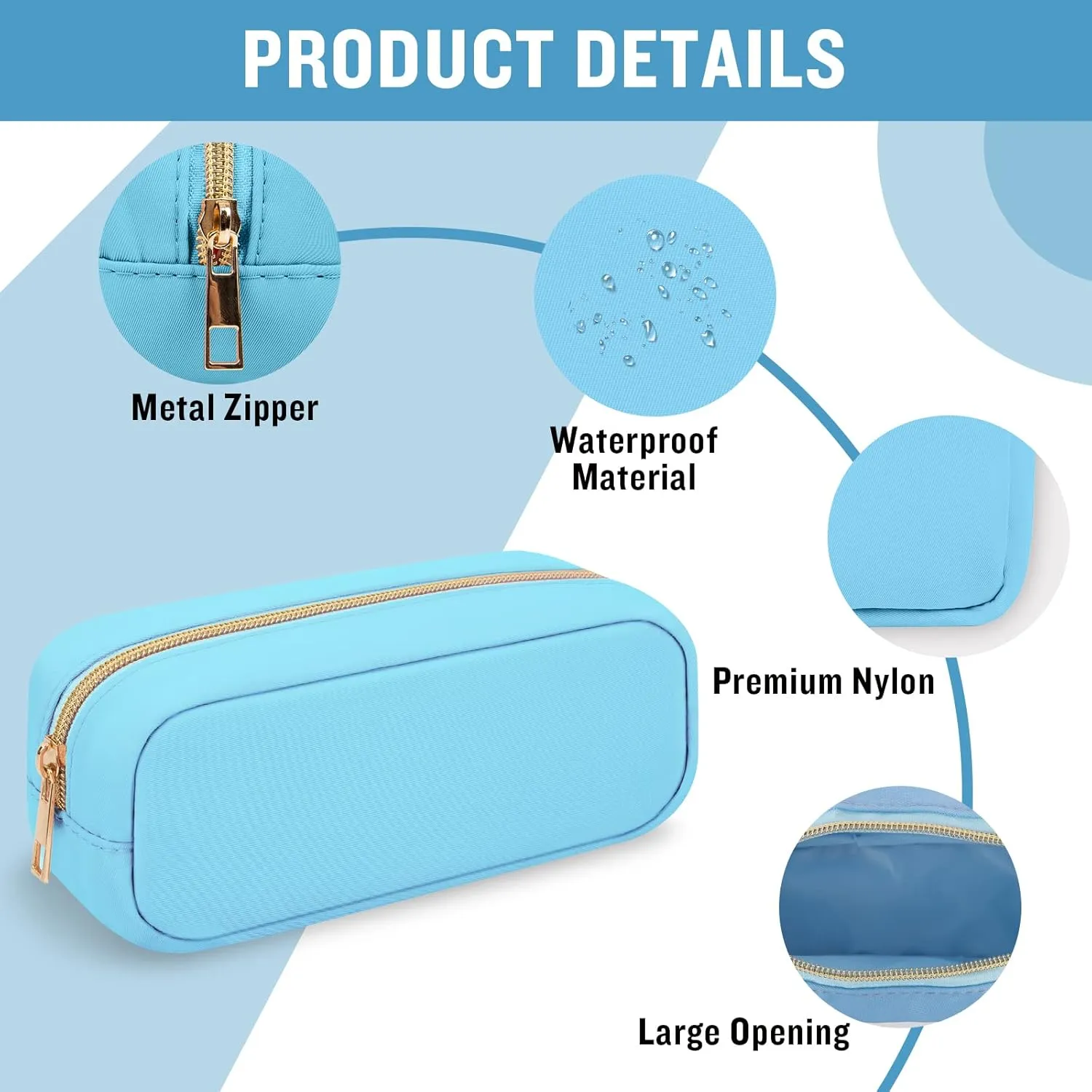Iqimott Nylon Small Makeup Bag Slim Cosmetic Zipper Pouch, Preppy Brush Compact Make up Pouch Toiletry Bag, Waterproof Purse Travel Coin Storage for Women Girls Teens(Blue),(Slim-NylonMakeupBag-Blue)