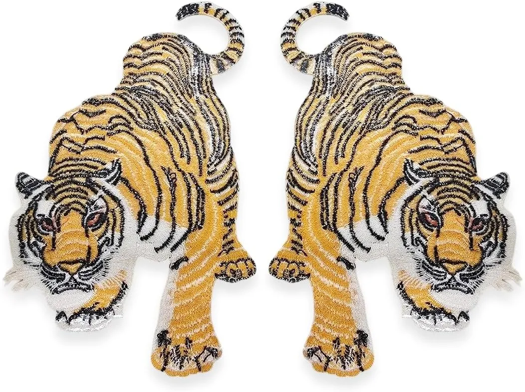 Iron On Patch 6" Double Tiger Left Right 2 Pcs - Embroidered Applique Patches Decorative DIY Arts Crafts Sewing Adhesive Embellishments for Adult Clothes Jackets Jeans Bags Accessories