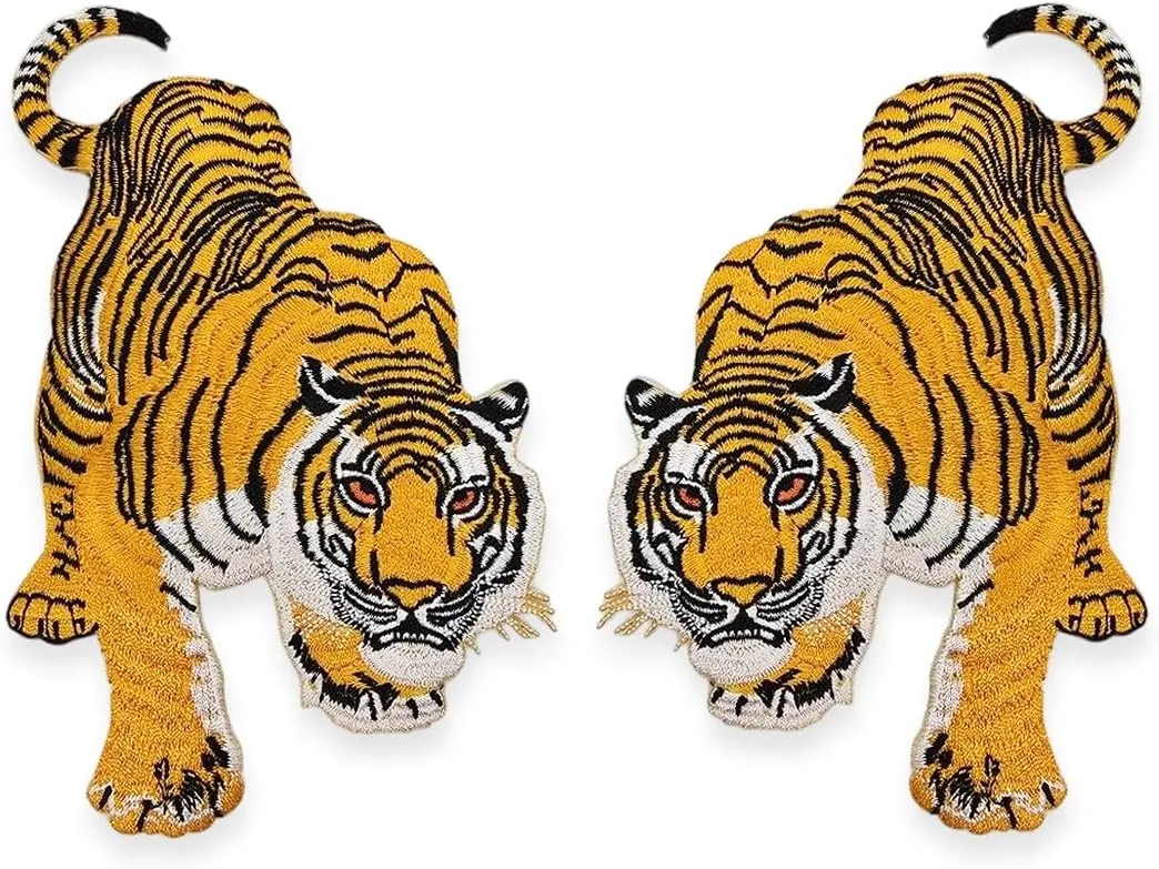 Iron On Patch 6" Double Tiger Left Right 2 Pcs - Embroidered Applique Patches Decorative DIY Arts Crafts Sewing Adhesive Embellishments for Adult Clothes Jackets Jeans Bags Accessories