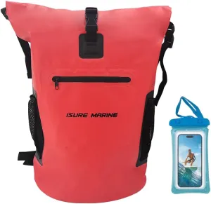 ISURE MARINE Dry Bags Waterproof Floating Backpack 30L,Waterproof Phone Case Roll Top Closure Travel Bags for Kayking, Boating, Kayaking, Surfing, Rafting and Fishing, Deck Bags Red