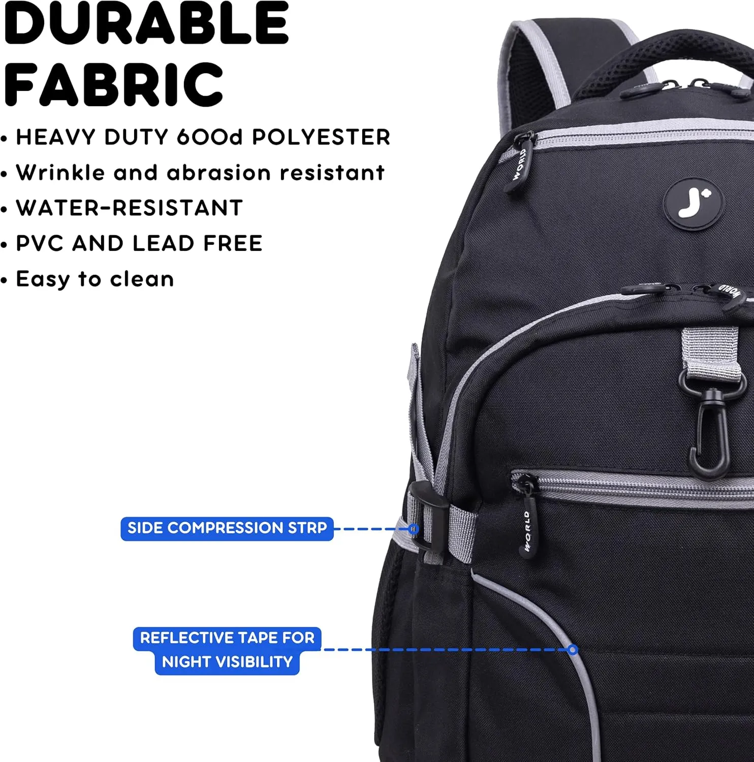 J World New York Atom Multi-Compartment Laptop Backpack, Black, 18.5 X 13 X 7.5 (H X W X D)