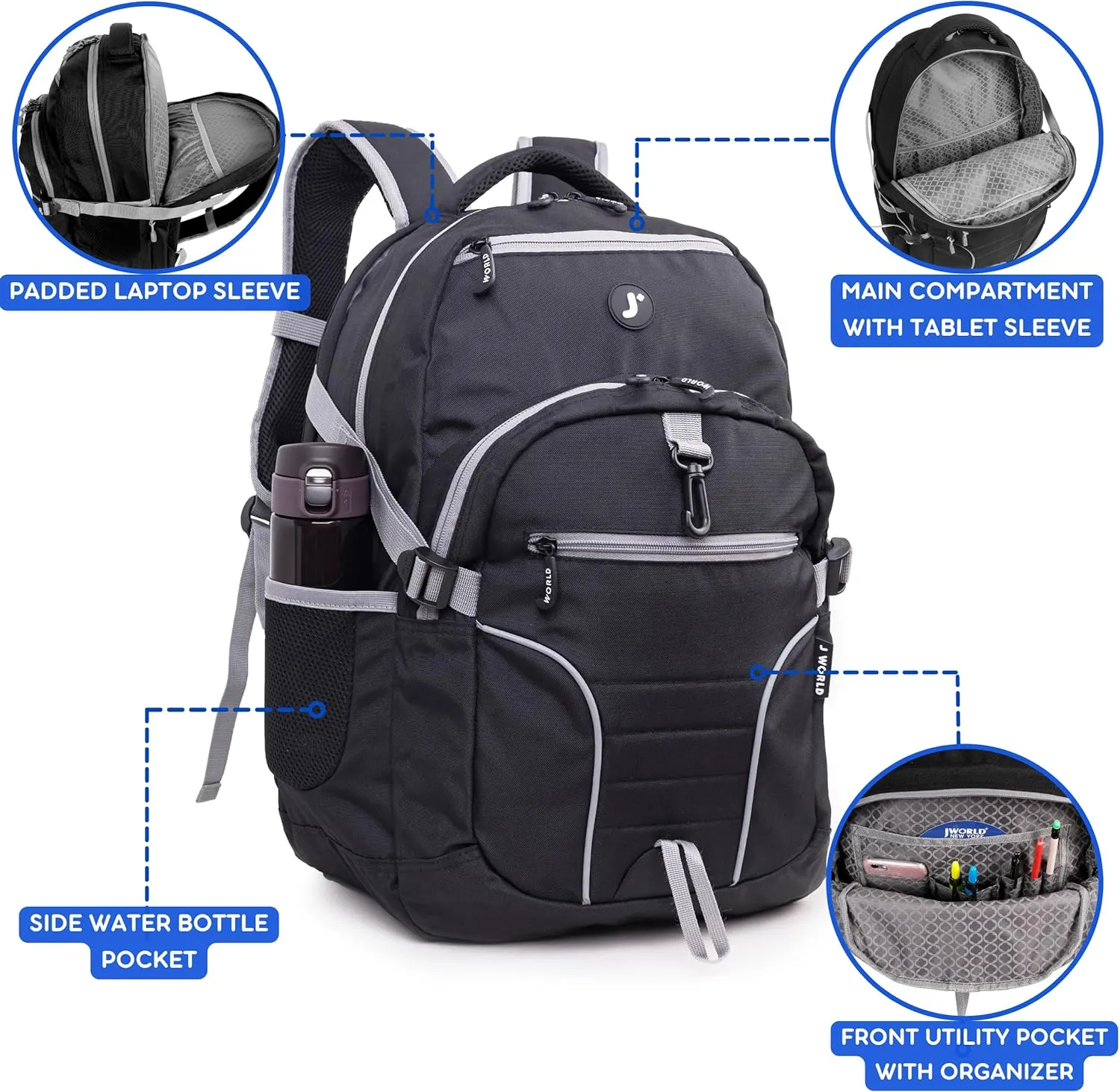 J World New York Atom Multi-Compartment Laptop Backpack, Black, 18.5 X 13 X 7.5 (H X W X D)