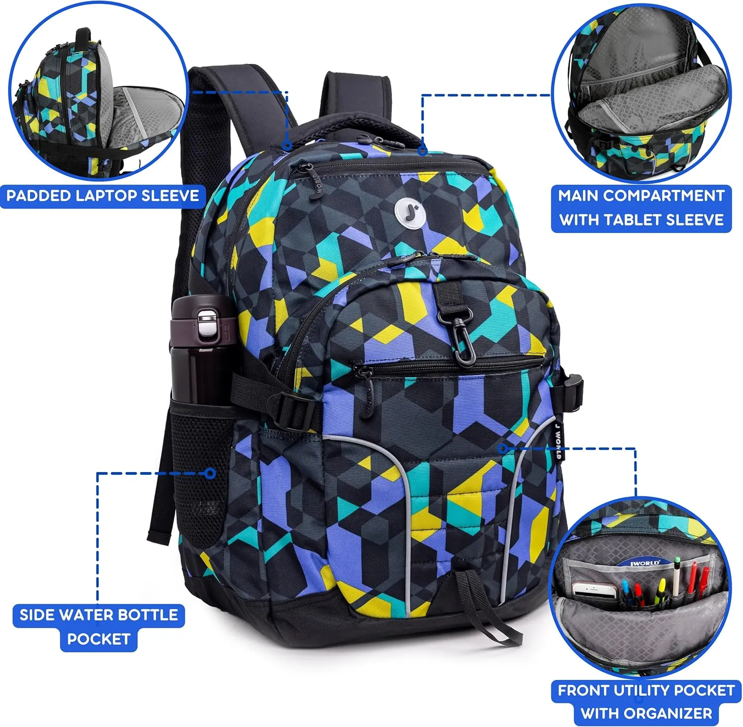 J World New York Atom Multi-Compartment Laptop Backpack, Cubes, 18.5 X 13 X 7.5 (H X W X D)