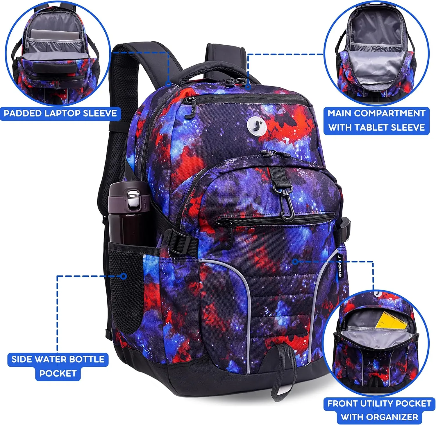 J World New York Atom Multi-Compartment Laptop Backpack, Galaxy, 18.5 X 13 X 7.5 (H X W X D)