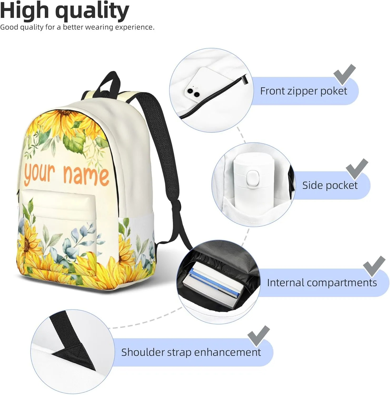 J&SBGFT Personalized Backpack for Girls,Custom Backpacks with Name,Customized Sunflower School Bag for Kids Girl,Book Bags for Student Back to School Travel Picnic 15in