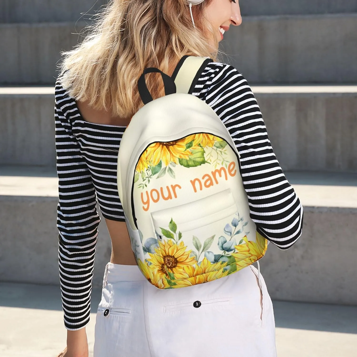 J&SBGFT Personalized Backpack for Girls,Custom Backpacks with Name,Customized Sunflower School Bag for Kids Girl,Book Bags for Student Back to School Travel Picnic 15in