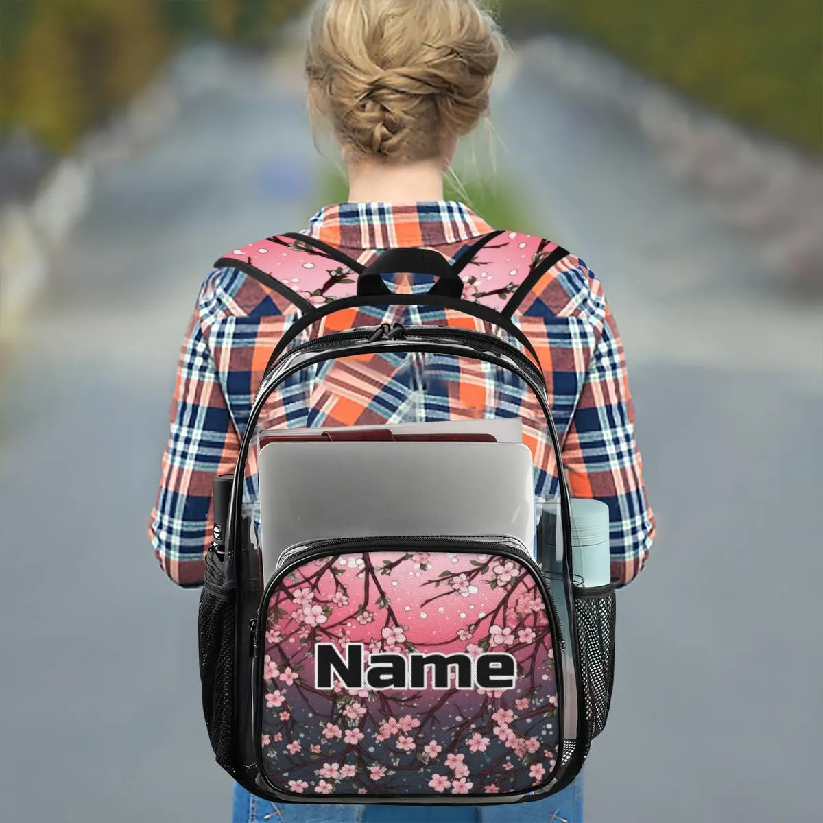 Japanese Cherry Blossom Personalized Clear Backpack Custom Large Clear Backpack Heavy Duty PVC Transparent Backpack with Reinforced Strap for Work Travel