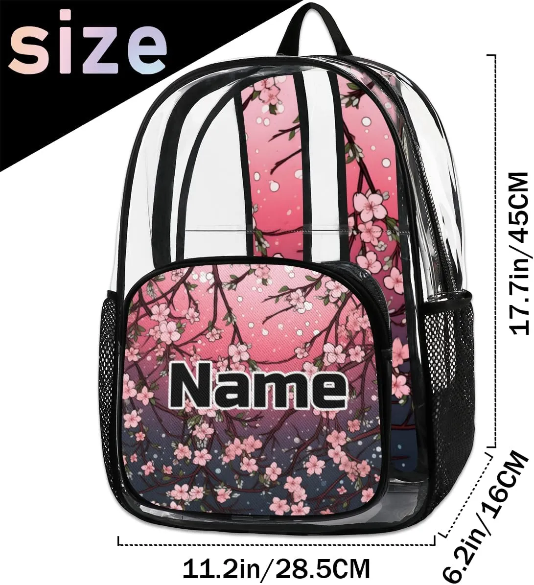 Japanese Cherry Blossom Personalized Clear Backpack Custom Large Clear Backpack Heavy Duty PVC Transparent Backpack with Reinforced Strap for Work Travel