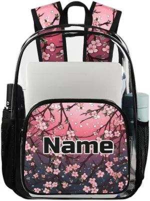 Japanese Cherry Blossom Personalized Clear Backpack Custom Large Clear Backpack Heavy Duty PVC Transparent Backpack with Reinforced Strap for Work Travel