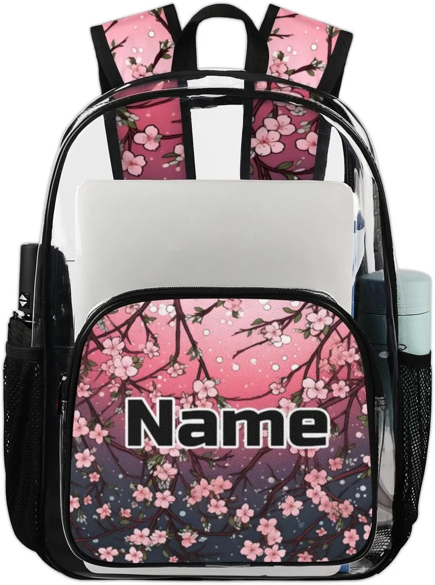 Japanese Cherry Blossom Personalized Clear Backpack Custom Large Clear Backpack Heavy Duty PVC Transparent Backpack with Reinforced Strap for Work Travel