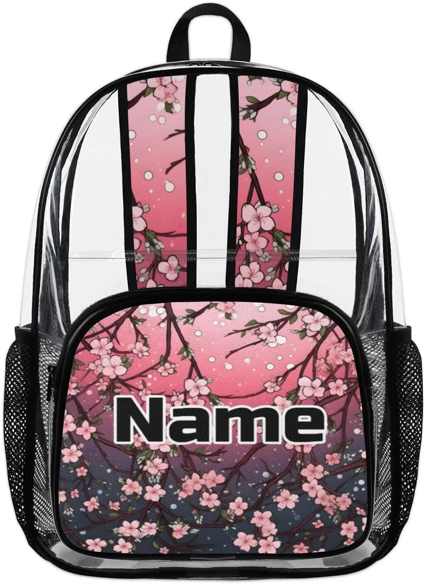Japanese Cherry Blossom Personalized Clear Backpack Custom Large Clear Backpack Heavy Duty PVC Transparent Backpack with Reinforced Strap for Work Travel