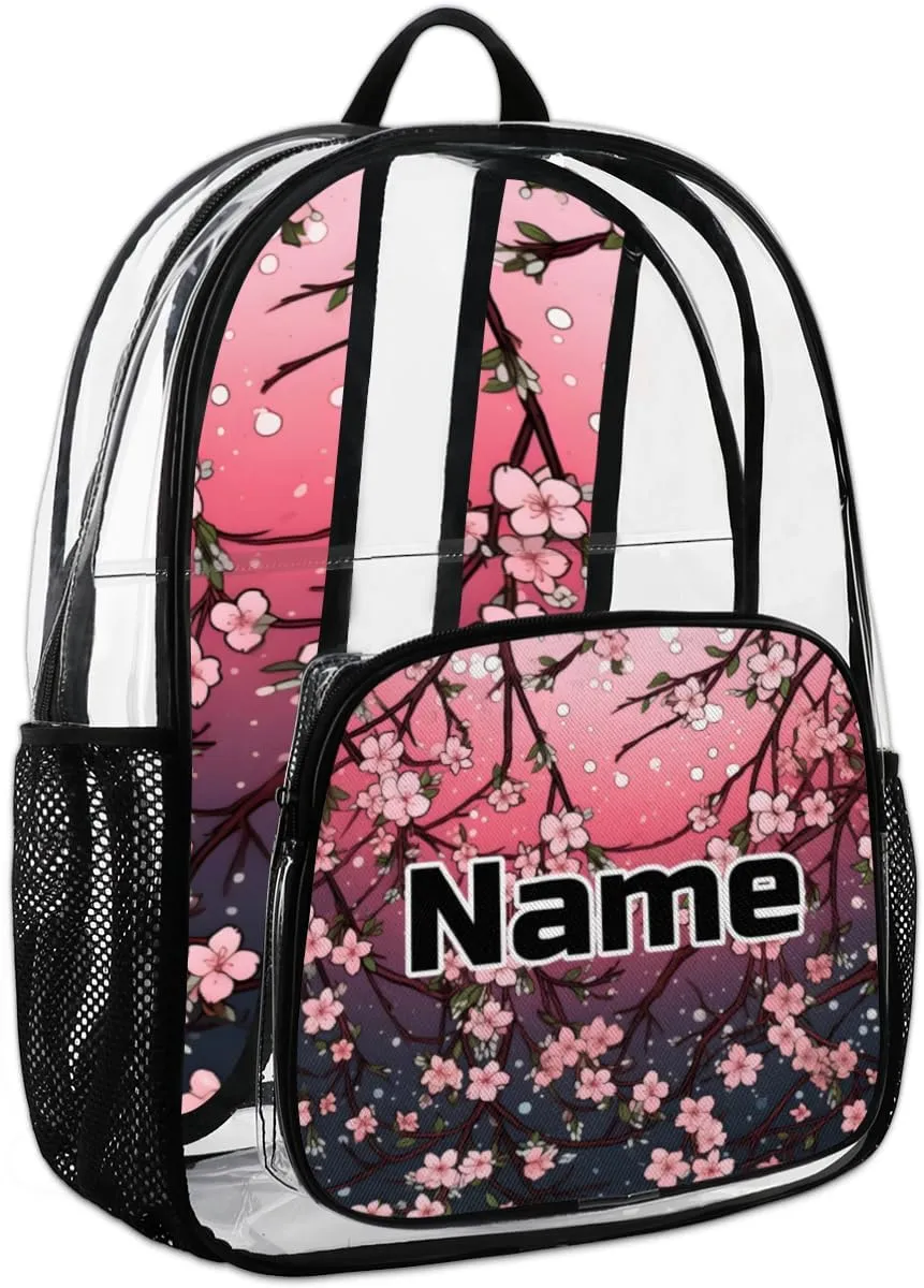 Japanese Cherry Blossom Personalized Clear Backpack Custom Large Clear Backpack Heavy Duty PVC Transparent Backpack with Reinforced Strap for Work Travel