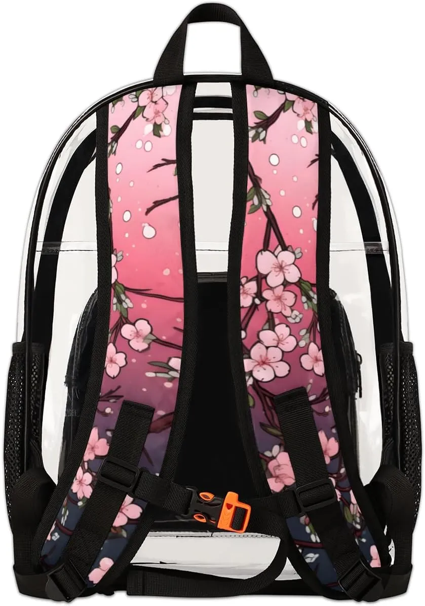 Japanese Cherry Blossom Personalized Clear Backpack Custom Large Clear Backpack Heavy Duty PVC Transparent Backpack with Reinforced Strap for Work Travel