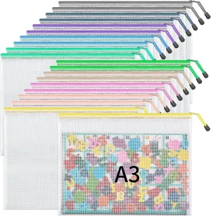 JARLINK 20PCS Mesh Zipper Pouch Bags, A3 Puzzle Bags with Zipper, Waterproof Zipper Pouches for Classroom Organization, Board Game Storage, Travel, Office, School Supplies, 10 Colors