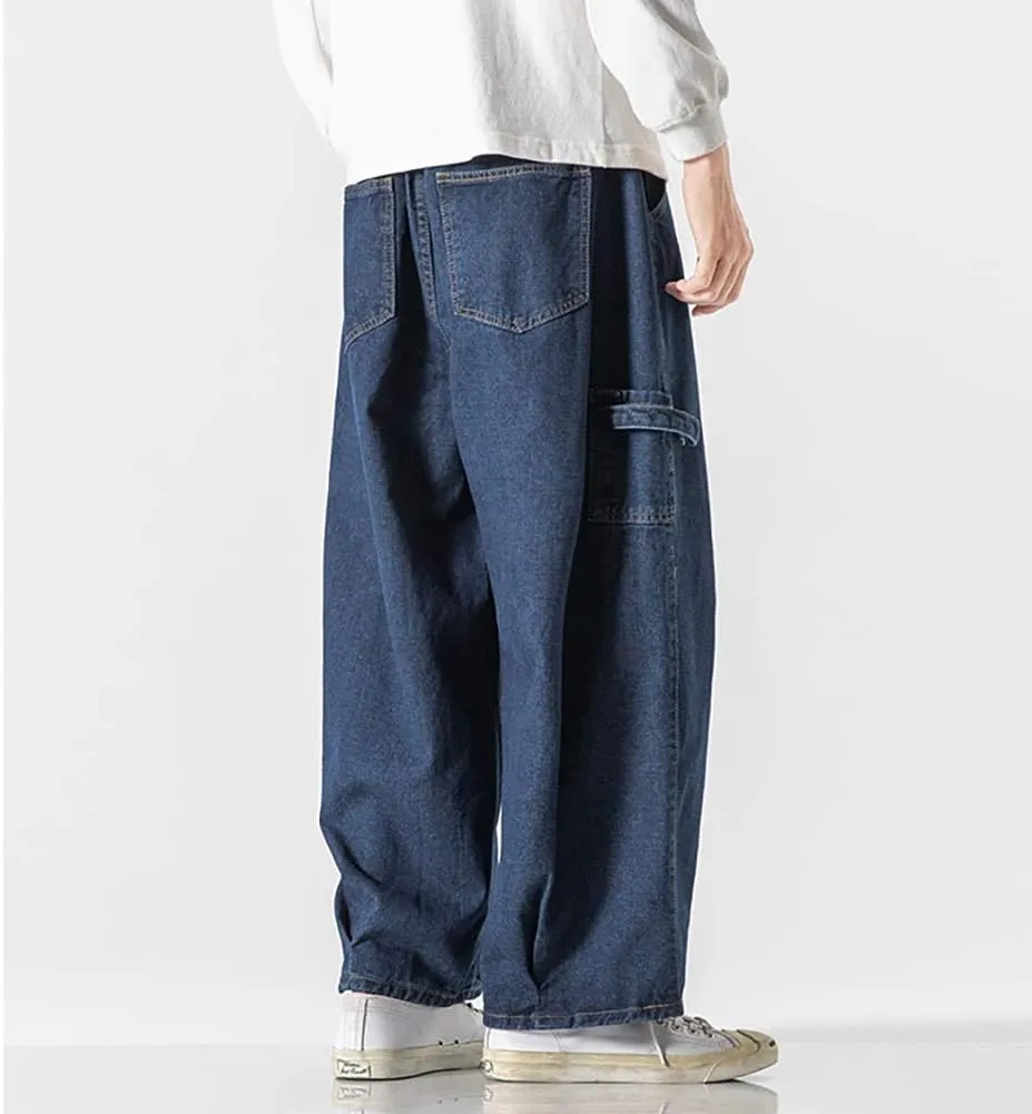 Jeans Men's Big Wide Pants Cotton Relaxed-Fit Carpenter Jean Denim Pants Hip Hop Blue Black M-5XL
