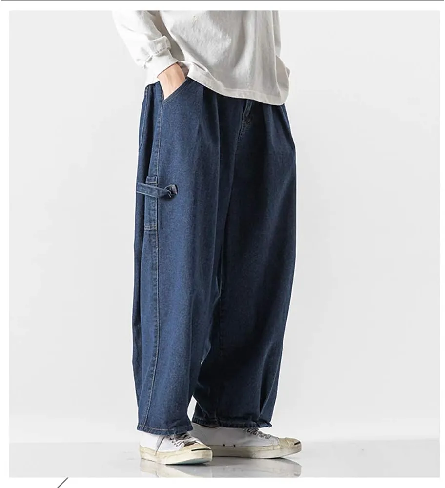 Jeans Men's Big Wide Pants Cotton Relaxed-Fit Carpenter Jean Denim Pants Hip Hop Blue Black M-5XL