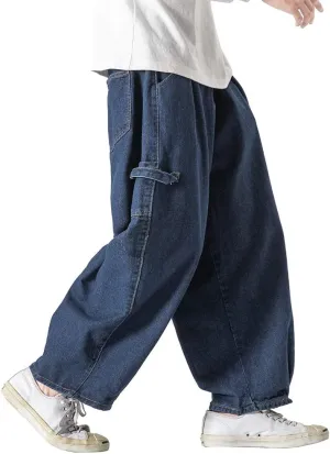 Jeans Men's Big Wide Pants Cotton Relaxed-Fit Carpenter Jean Denim Pants Hip Hop Blue Black M-5XL