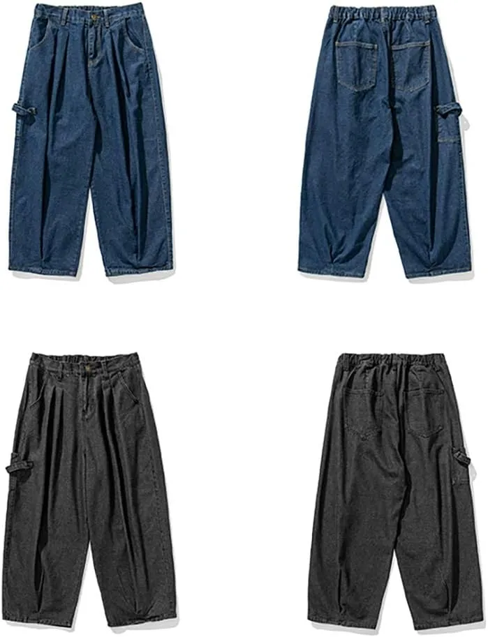Jeans Men's Big Wide Pants Cotton Relaxed-Fit Carpenter Jean Denim Pants Hip Hop Blue Black M-5XL