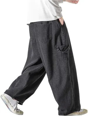 Jeans Men's Big Wide Pants Cotton Relaxed-Fit Carpenter Jean Denim Pants Hip Hop Blue Black M-5XL