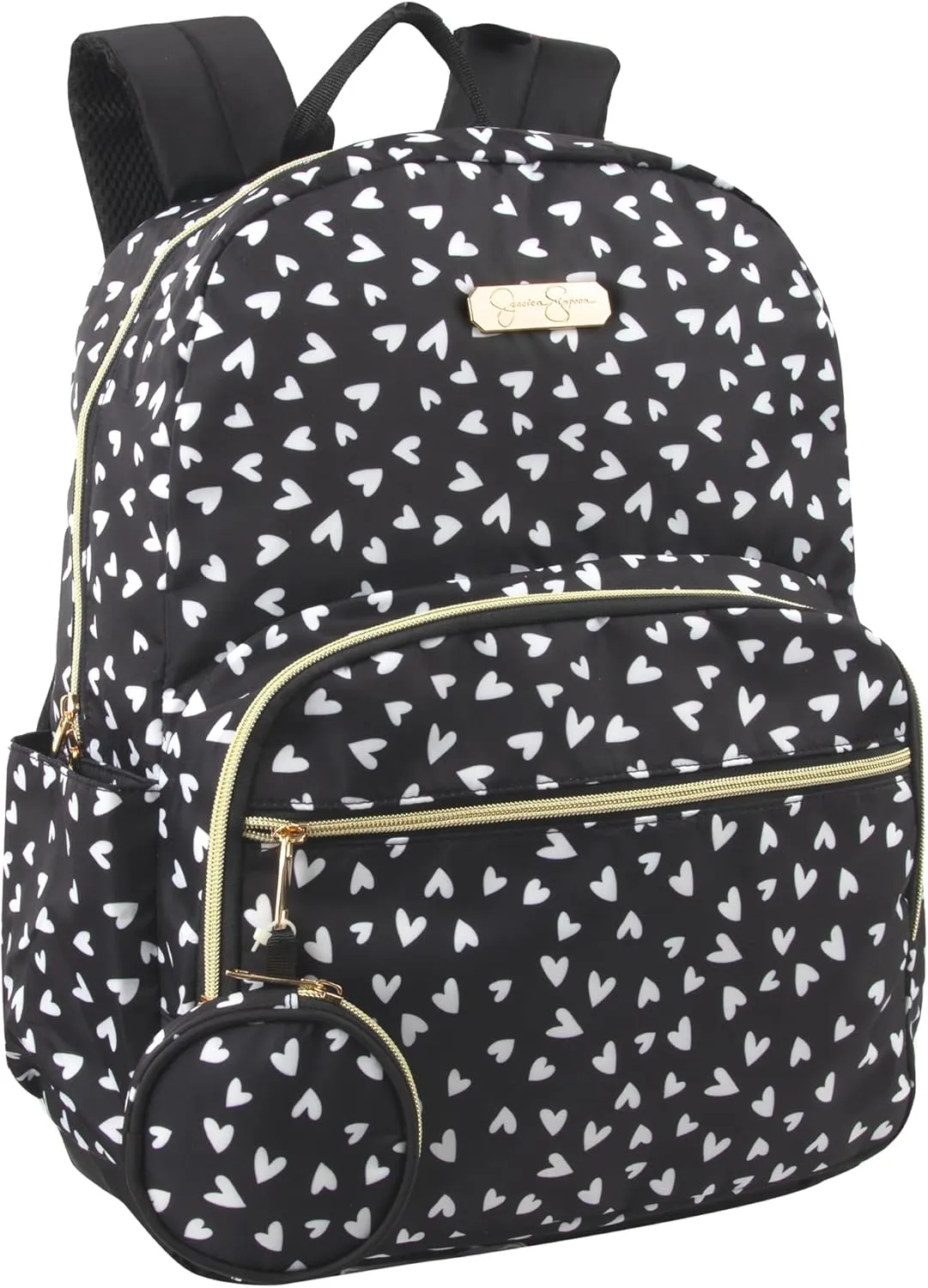 Jessica Simpson Women’s Designer Laptop Backpack with Side Pockets, Wallet | 2 Piece Backpack Change Purse Set for Women (Black & White Hearts), Large