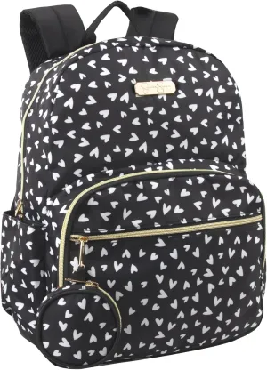 Jessica Simpson Women’s Designer Laptop Backpack with Side Pockets, Wallet | 2 Piece Backpack Change Purse Set for Women (Black & White Hearts), Large