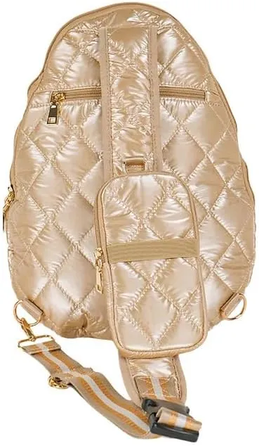 Jillian Courtly Champagne Striped 12 x 16 Inch Quilted Nylon Womens Pickleball Sport Sling Bag
