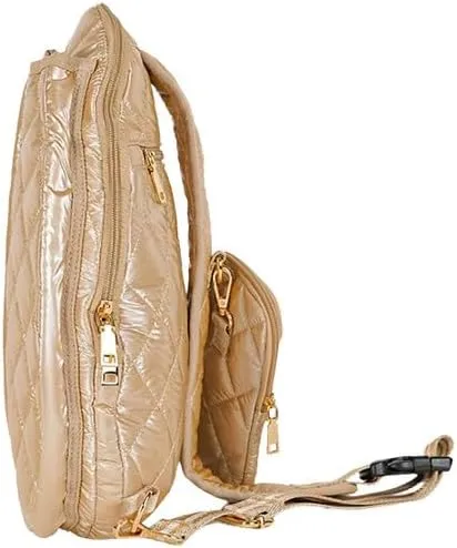 Jillian Courtly Champagne Striped 12 x 16 Inch Quilted Nylon Womens Pickleball Sport Sling Bag