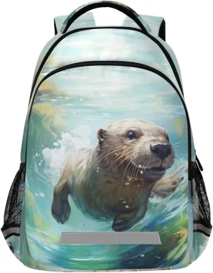 JIPONI Watercolor Otter Backpack For Girls Boys School Kids Bookbag Travel Laptop Backpack Purse Daypack With Chest Strap