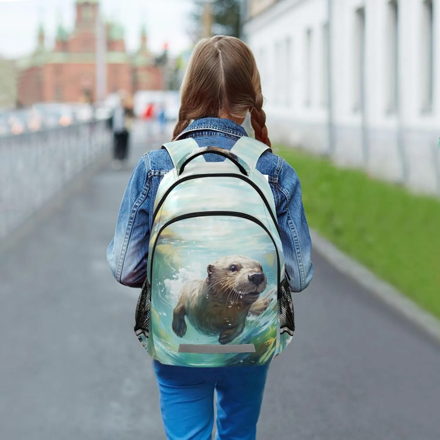 JIPONI Watercolor Otter Backpack For Girls Boys School Kids Bookbag Travel Laptop Backpack Purse Daypack With Chest Strap