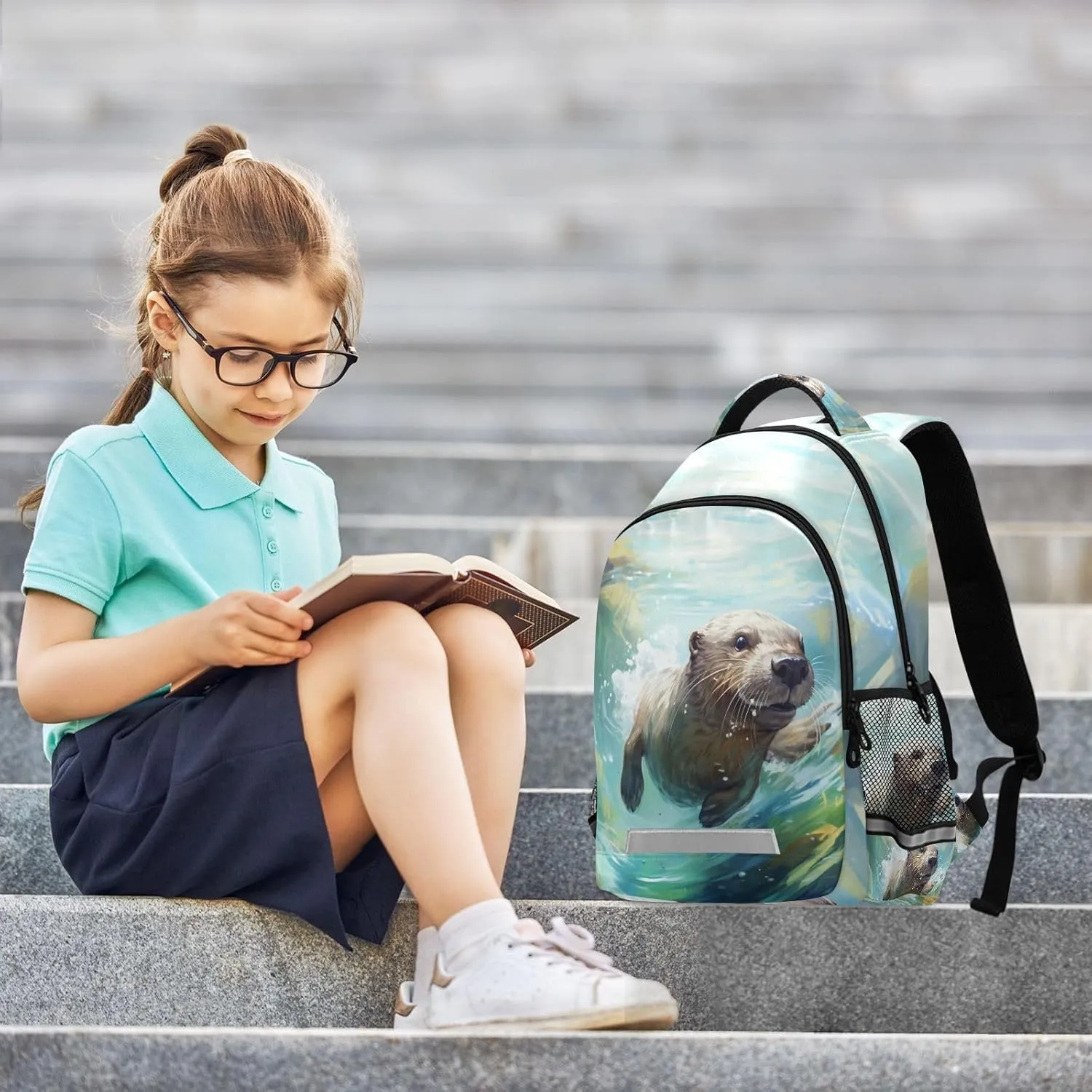 JIPONI Watercolor Otter Backpack For Girls Boys School Kids Bookbag Travel Laptop Backpack Purse Daypack With Chest Strap