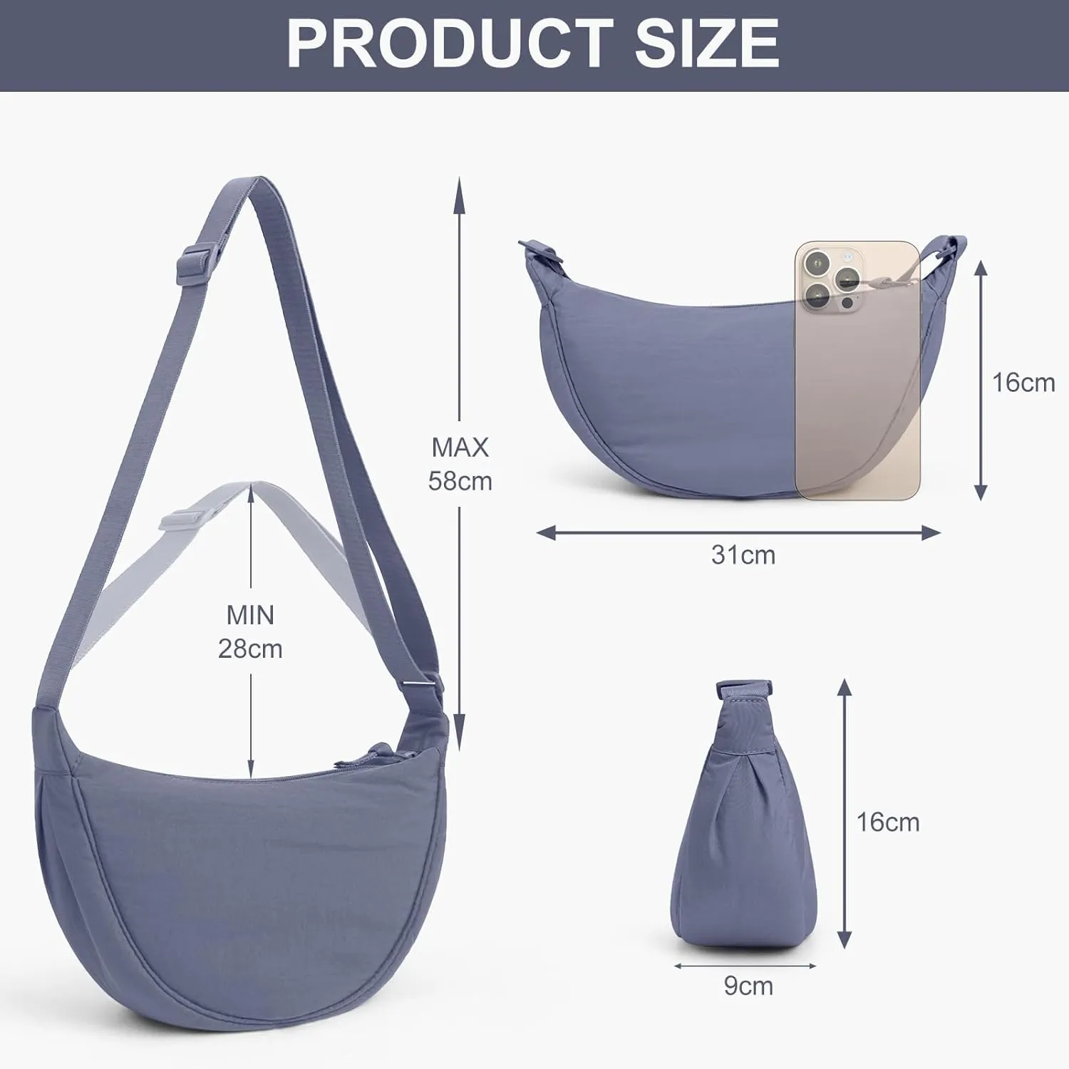 JQWSVE Nylon Crescent Bag for Women Men Crossbody Bag Hobo Sling Crescent Shoulder Bag Purse Casual Solid Color Dumpling Bag