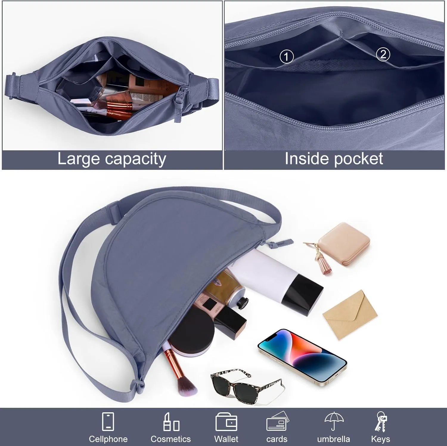 JQWSVE Nylon Crescent Bag for Women Men Crossbody Bag Hobo Sling Crescent Shoulder Bag Purse Casual Solid Color Dumpling Bag