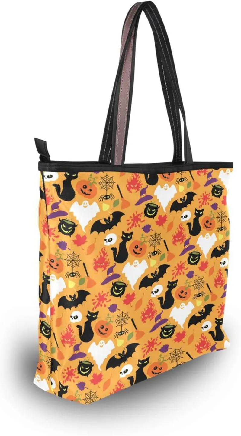 JSTEL Halloween Pumpkin Tote Purse with Pockets and Compartments,Halloween Tote Bag Zippered