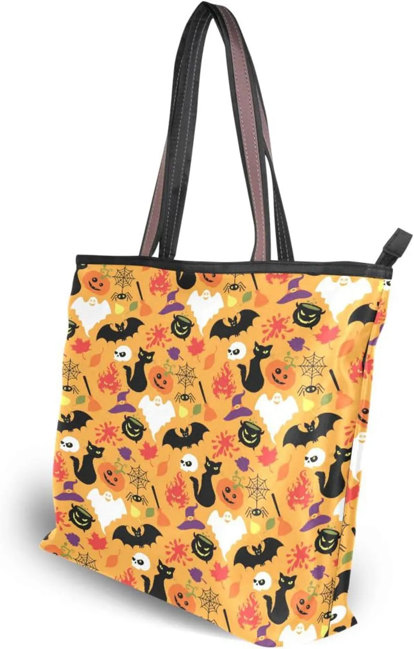 JSTEL Halloween Pumpkin Tote Purse with Pockets and Compartments,Halloween Tote Bag Zippered