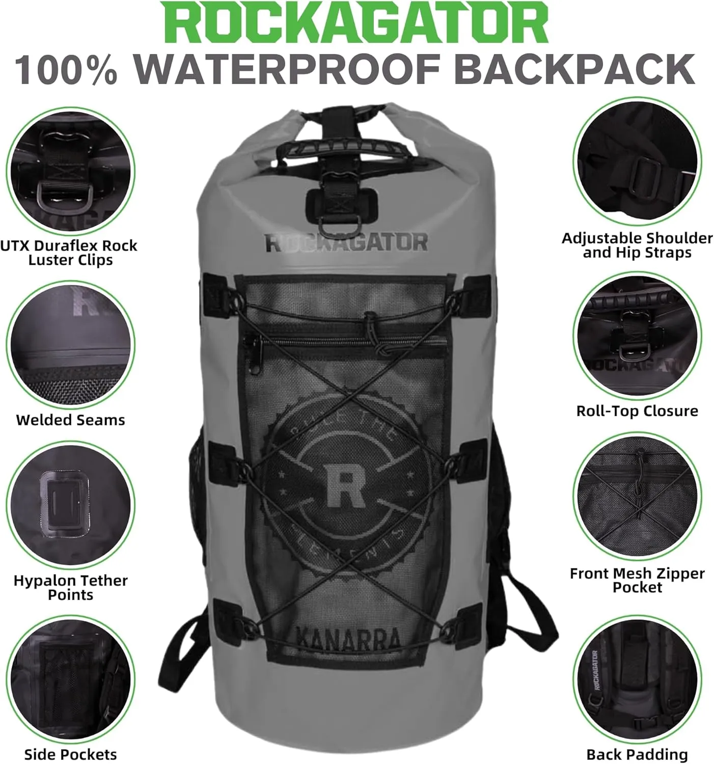 Kanarra 90L Waterproof Backpack for Camping, Hiking, Mountaineering, Backpacking, Hunting, Fishing, Canoeing, Outdoor Activities, The Wet Outdoors - Large Capacity, Roll Top Closure, Gray