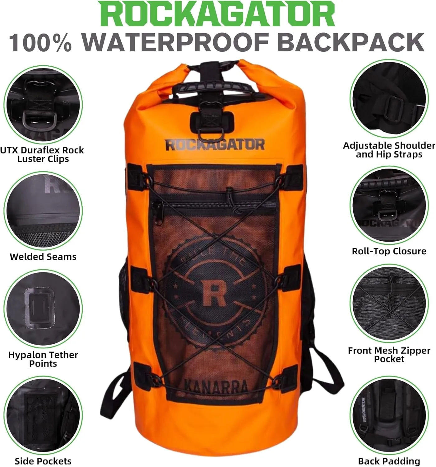 Kanarra 90L Waterproof Backpack for Camping, Hiking, Mountaineering, Backpacking, Hunting, Fishing, Canoeing, Outdoor Activities, The Wet Outdoors - Large Capacity, Roll Top Closure, Orange
